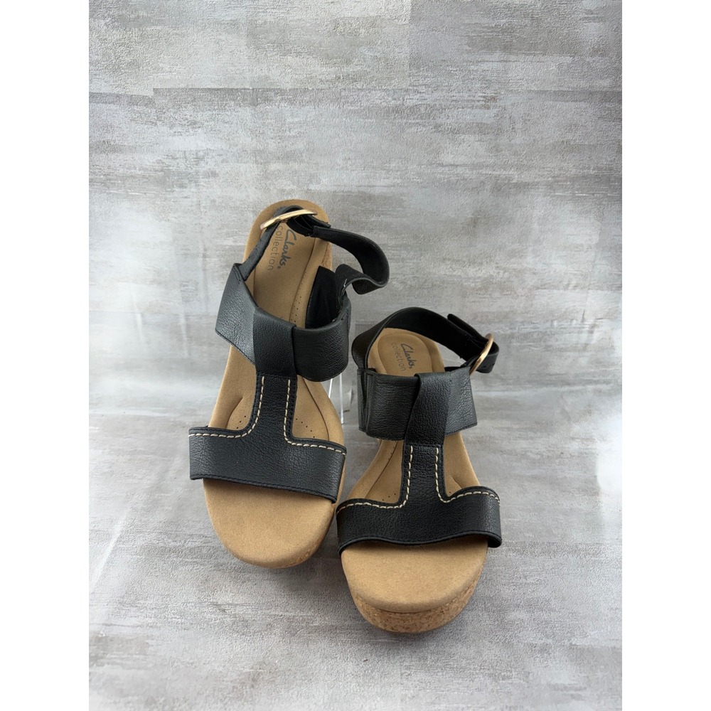 Clarks Collection Women Black Leather Cork Wedge Sandals Sz 11 261771634085